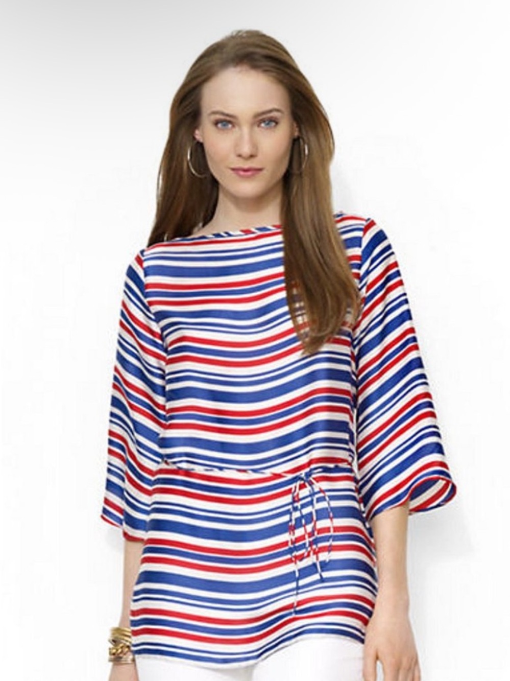 Lauren Ralph Lauren Red, White & Blue Striped Silky Top Size Large Boatneck Top